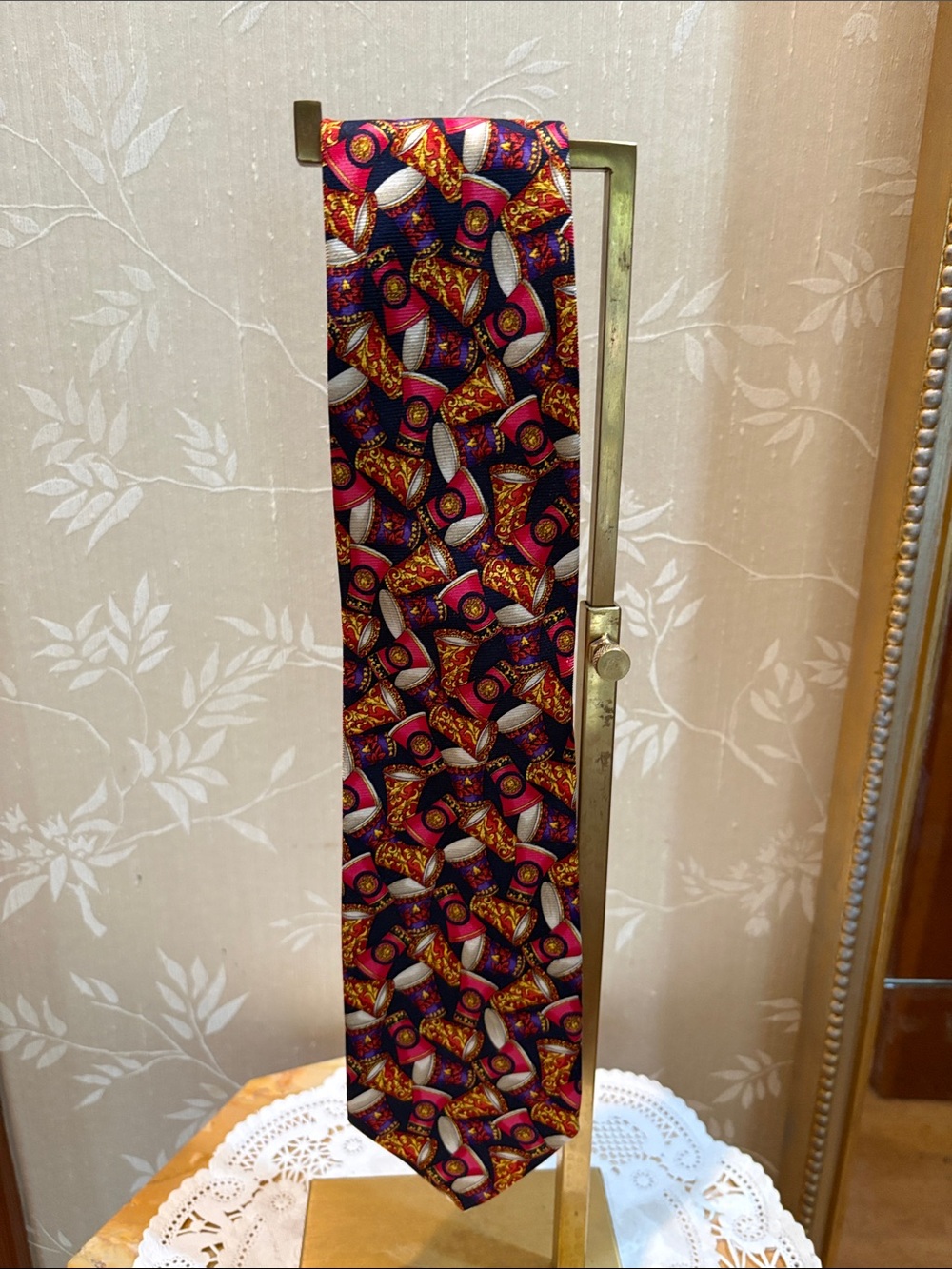 Versace Multicolor Silk-Patterned Men's Tie in Burgundy, Gold & Navy